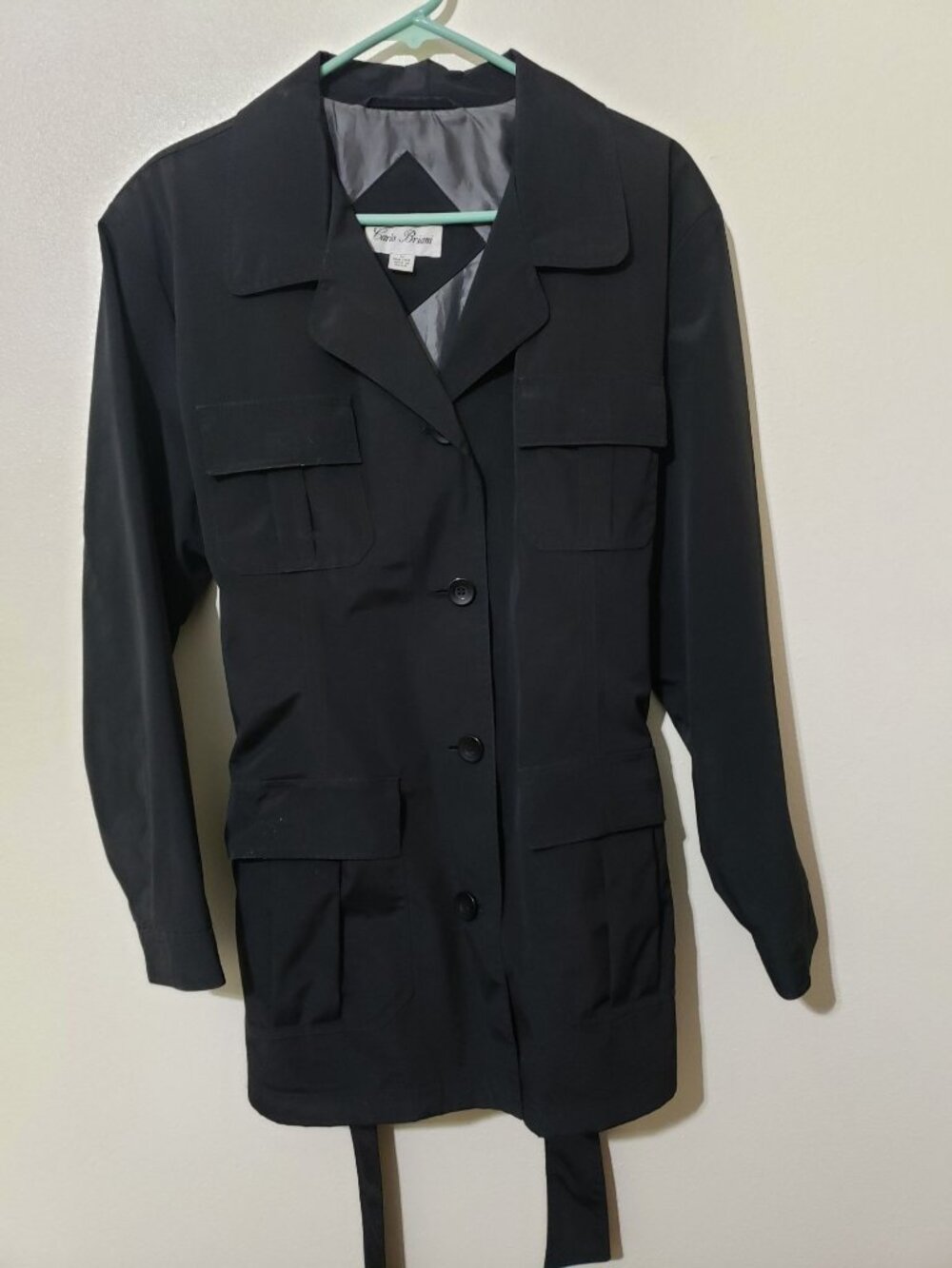 Carlo Briani Black, Belted, silver lining, trench coat, size XL